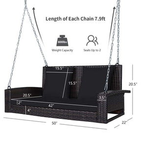 2-Person Rattan Wicker Hanging Porch Swing, Outdoor Patio Swing Bench with Cushions & Sturdy Steel Chains, 800lbs Capacity for Backyard