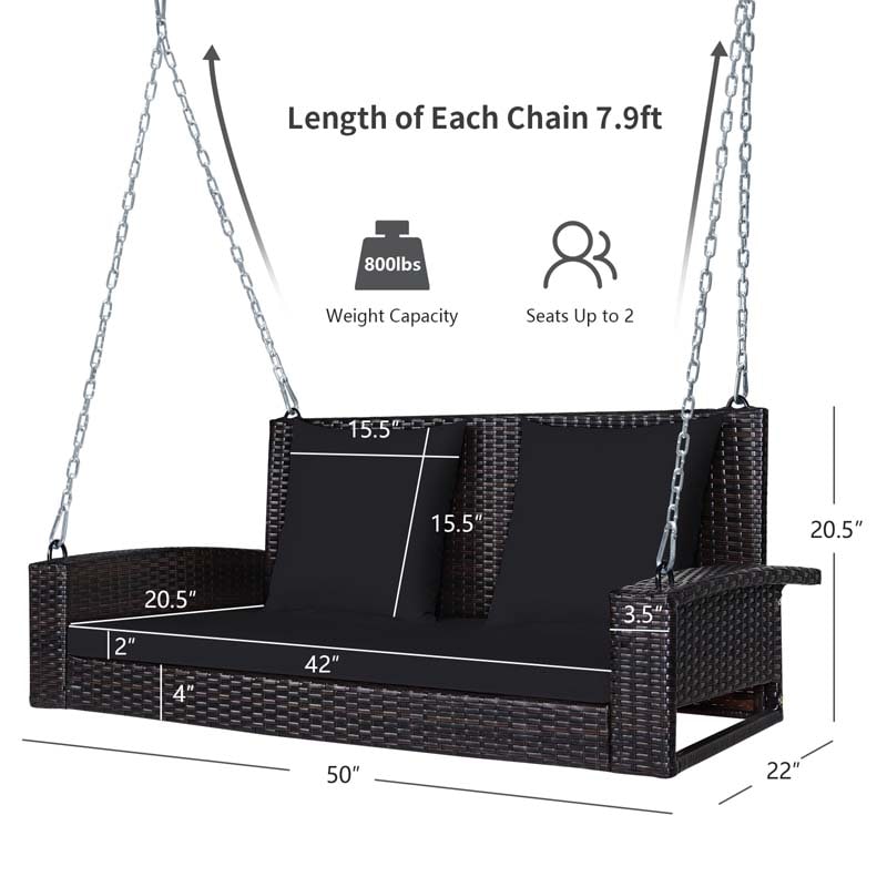 2-Person Rattan Wicker Hanging Porch Swing, Outdoor Patio Swing Bench with Cushions & Sturdy Steel Chains, 800lbs Capacity for Backyard