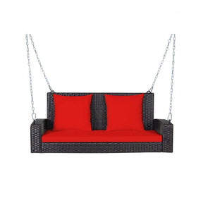 2-Person Rattan Wicker Hanging Porch Swing, Outdoor Patio Swing Bench with Cushions & Sturdy Steel Chains, 800lbs Capacity for Backyard