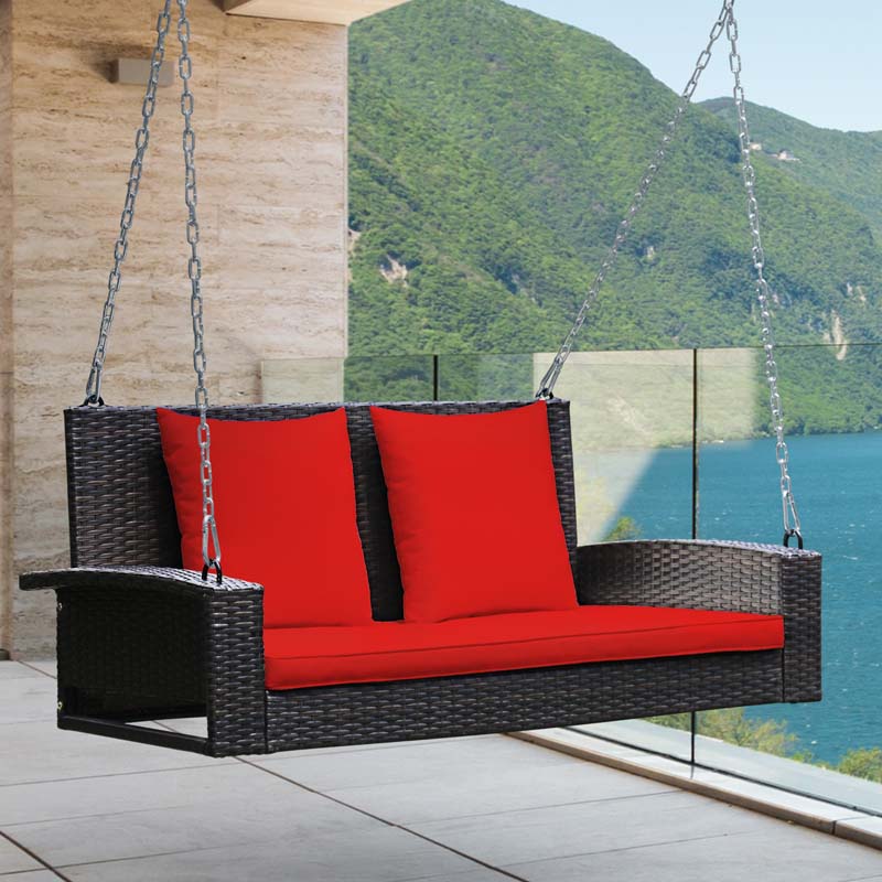 2-Person Rattan Wicker Hanging Porch Swing, Outdoor Patio Swing Bench with Cushions & Sturdy Steel Chains, 800lbs Capacity for Backyard