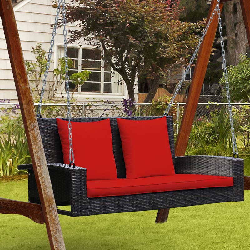 2-Person Rattan Wicker Hanging Porch Swing, Outdoor Patio Swing Bench with Cushions & Sturdy Steel Chains, 800lbs Capacity for Backyard