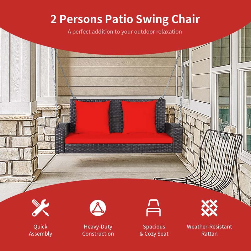 2-Person Rattan Wicker Hanging Porch Swing, Outdoor Patio Swing Bench with Cushions & Sturdy Steel Chains, 800lbs Capacity for Backyard