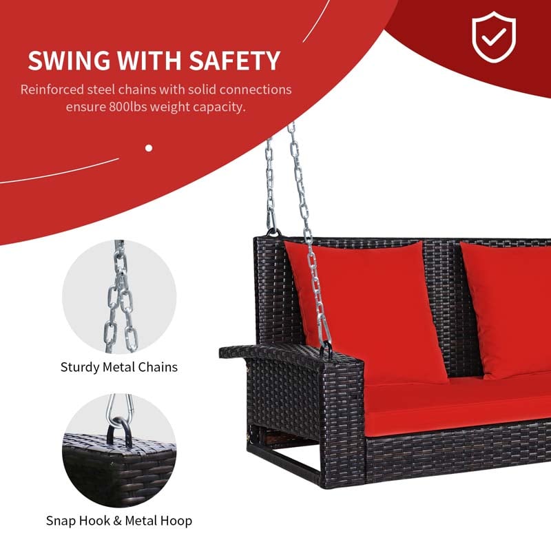 2-Person Rattan Wicker Hanging Porch Swing, Outdoor Patio Swing Bench with Cushions & Sturdy Steel Chains, 800lbs Capacity for Backyard