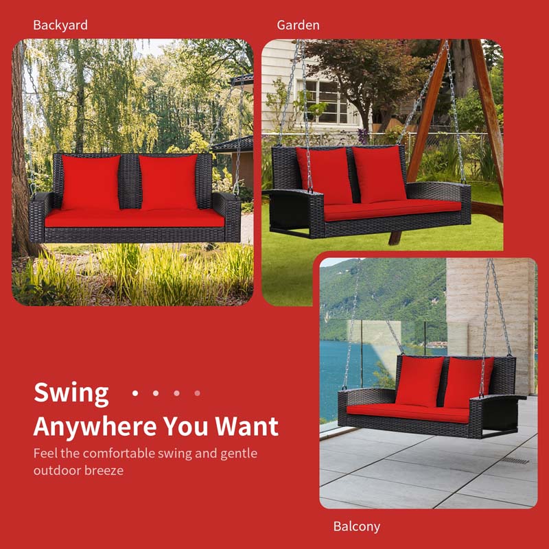 2-Person Rattan Wicker Hanging Porch Swing, Outdoor Patio Swing Bench with Cushions & Sturdy Steel Chains, 800lbs Capacity for Backyard