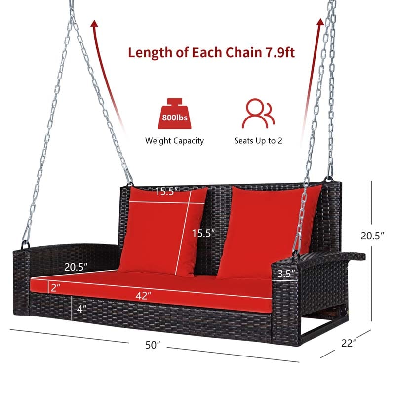 2-Person Rattan Wicker Hanging Porch Swing, Outdoor Patio Swing Bench with Cushions & Sturdy Steel Chains, 800lbs Capacity for Backyard