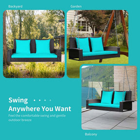 2-Person Rattan Wicker Hanging Porch Swing, Outdoor Patio Swing Bench with Cushions & Sturdy Steel Chains, 800lbs Capacity for Backyard