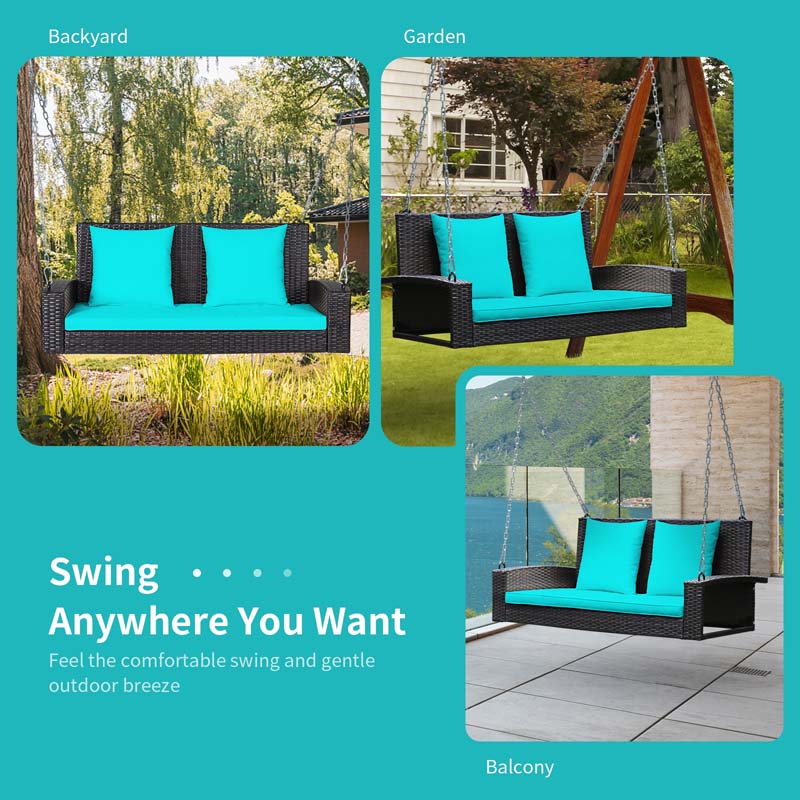 2-Person Rattan Wicker Hanging Porch Swing, Outdoor Patio Swing Bench with Cushions & Sturdy Steel Chains, 800lbs Capacity for Backyard