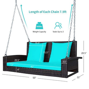 2-Person Rattan Wicker Hanging Porch Swing, Outdoor Patio Swing Bench with Cushions & Sturdy Steel Chains, 800lbs Capacity for Backyard