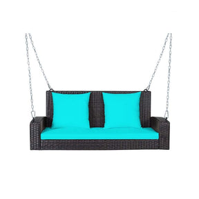 2-Person Rattan Wicker Hanging Porch Swing, Outdoor Patio Swing Bench with Cushions & Sturdy Steel Chains, 800lbs Capacity for Backyard