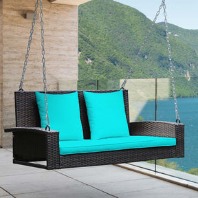 2-Person Rattan Wicker Hanging Porch Swing, Outdoor Patio Swing Bench with Cushions & Sturdy Steel Chains, 800lbs Capacity for Backyard