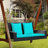 2-Person Rattan Wicker Hanging Porch Swing, Outdoor Patio Swing Bench with Cushions & Sturdy Steel Chains, 800lbs Capacity for Backyard