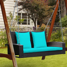 2-Person Rattan Wicker Hanging Porch Swing, Outdoor Patio Swing Bench with Cushions & Sturdy Steel Chains, 800lbs Capacity for Backyard