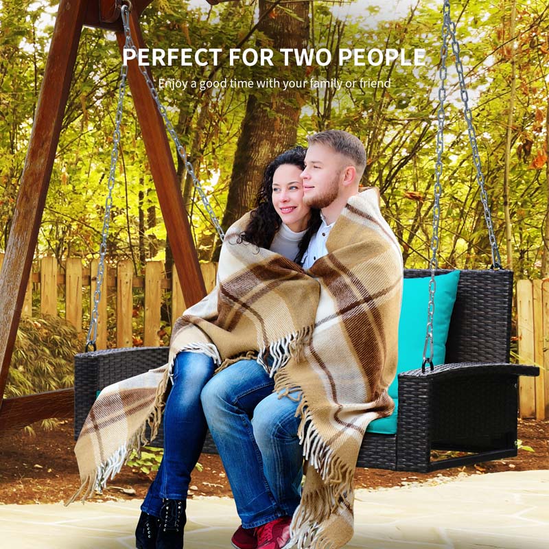 2-Person Rattan Wicker Hanging Porch Swing, Outdoor Patio Swing Bench with Cushions & Sturdy Steel Chains, 800lbs Capacity for Backyard
