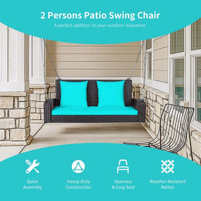 2-Person Rattan Wicker Hanging Porch Swing, Outdoor Patio Swing Bench with Cushions & Sturdy Steel Chains, 800lbs Capacity for Backyard