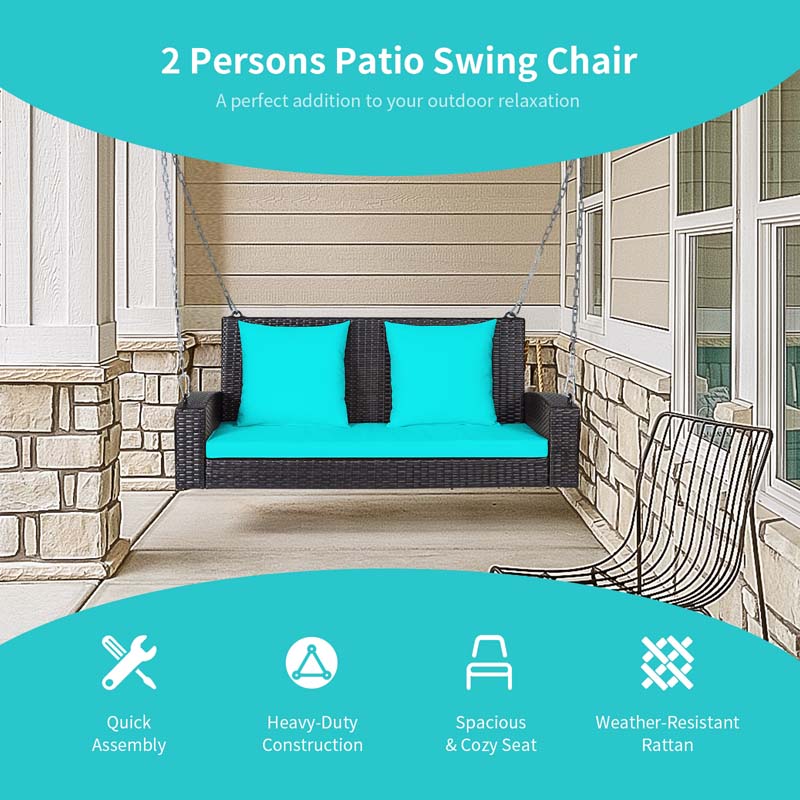 2-Person Rattan Wicker Hanging Porch Swing, Outdoor Patio Swing Bench with Cushions & Sturdy Steel Chains, 800lbs Capacity for Backyard