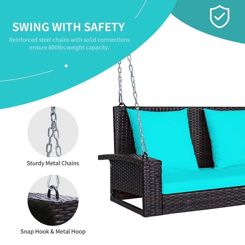 2-Person Rattan Wicker Hanging Porch Swing, Outdoor Patio Swing Bench with Cushions & Sturdy Steel Chains, 800lbs Capacity for Backyard