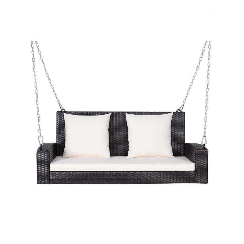 2-Person Rattan Wicker Hanging Porch Swing, Outdoor Patio Swing Bench with Cushions & Sturdy Steel Chains, 800lbs Capacity for Backyard