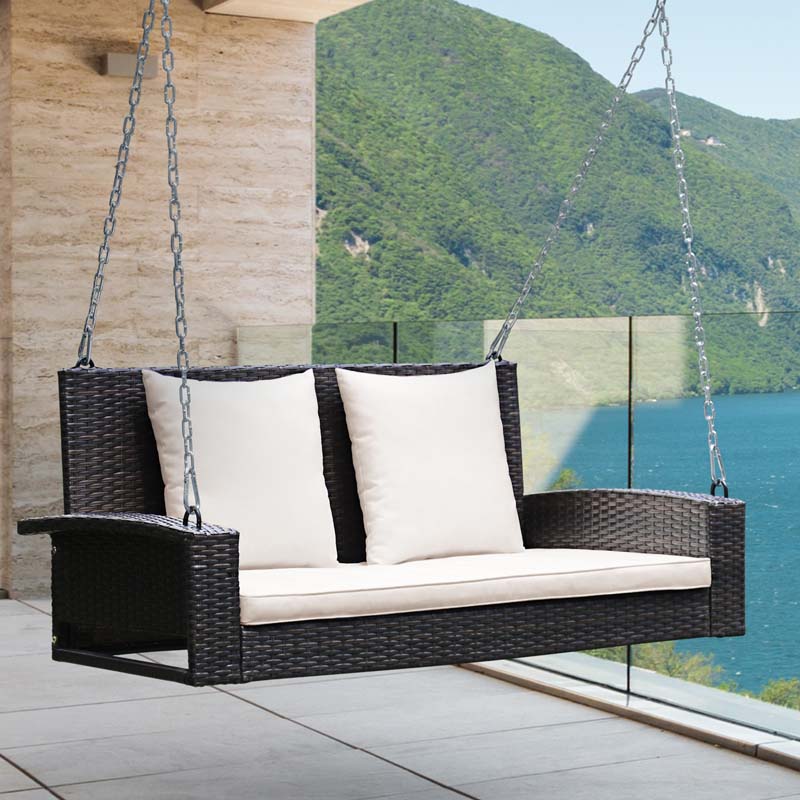 2-Person Rattan Wicker Hanging Porch Swing, Outdoor Patio Swing Bench with Cushions & Sturdy Steel Chains, 800lbs Capacity for Backyard