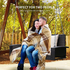 2-Person Rattan Wicker Hanging Porch Swing, Outdoor Patio Swing Bench with Cushions & Sturdy Steel Chains, 800lbs Capacity for Backyard
