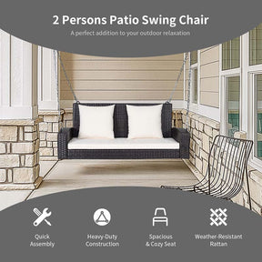 2-Person Rattan Wicker Hanging Porch Swing, Outdoor Patio Swing Bench with Cushions & Sturdy Steel Chains, 800lbs Capacity for Backyard