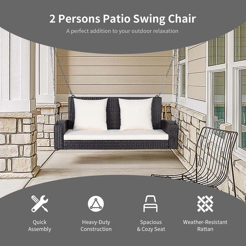 2-Person Rattan Wicker Hanging Porch Swing, Outdoor Patio Swing Bench with Cushions & Sturdy Steel Chains, 800lbs Capacity for Backyard
