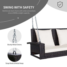 2-Person Rattan Wicker Hanging Porch Swing, Outdoor Patio Swing Bench with Cushions & Sturdy Steel Chains, 800lbs Capacity for Backyard