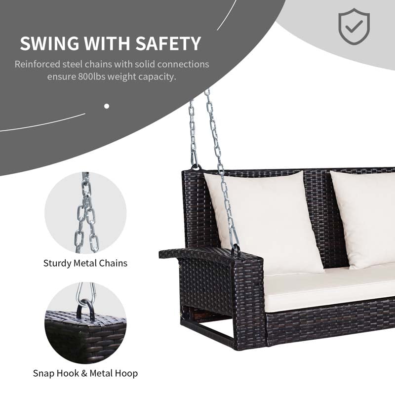 2-Person Rattan Wicker Hanging Porch Swing, Outdoor Patio Swing Bench with Cushions & Sturdy Steel Chains, 800lbs Capacity for Backyard
