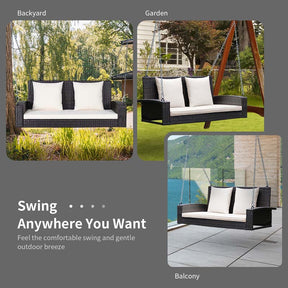 2-Person Rattan Wicker Hanging Porch Swing, Outdoor Patio Swing Bench with Cushions & Sturdy Steel Chains, 800lbs Capacity for Backyard