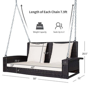 2-Person Rattan Wicker Hanging Porch Swing, Outdoor Patio Swing Bench with Cushions & Sturdy Steel Chains, 800lbs Capacity for Backyard