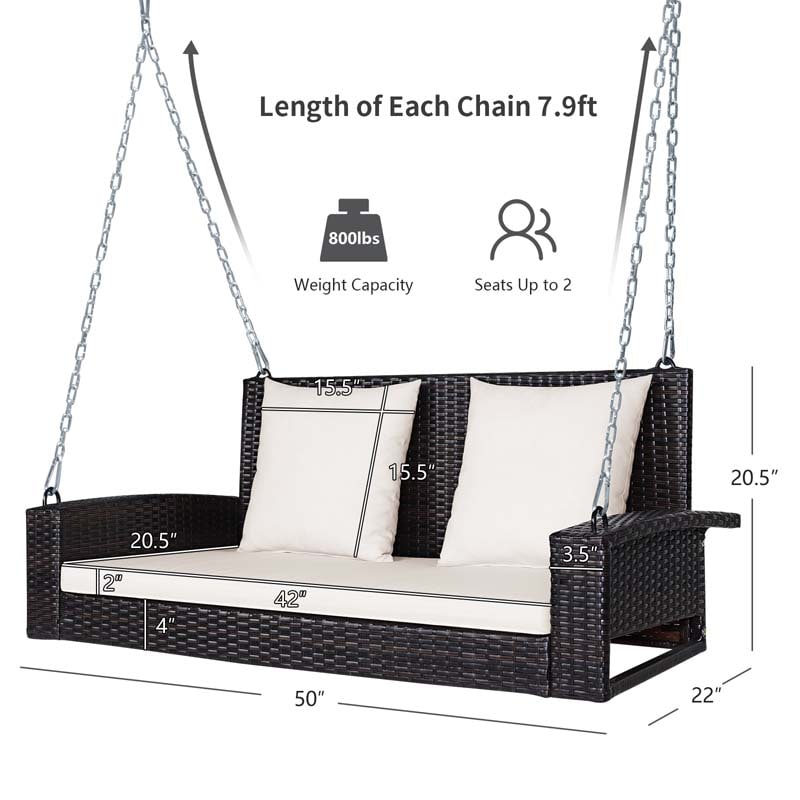 2-Person Rattan Wicker Hanging Porch Swing, Outdoor Patio Swing Bench with Cushions & Sturdy Steel Chains, 800lbs Capacity for Backyard