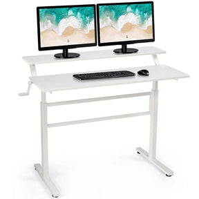 2-Tier Standing Desk, Height Adjustable Sit Stand Up Desk, Computer Desk Workstation with Monitor Stand & Foldable Crank Handle