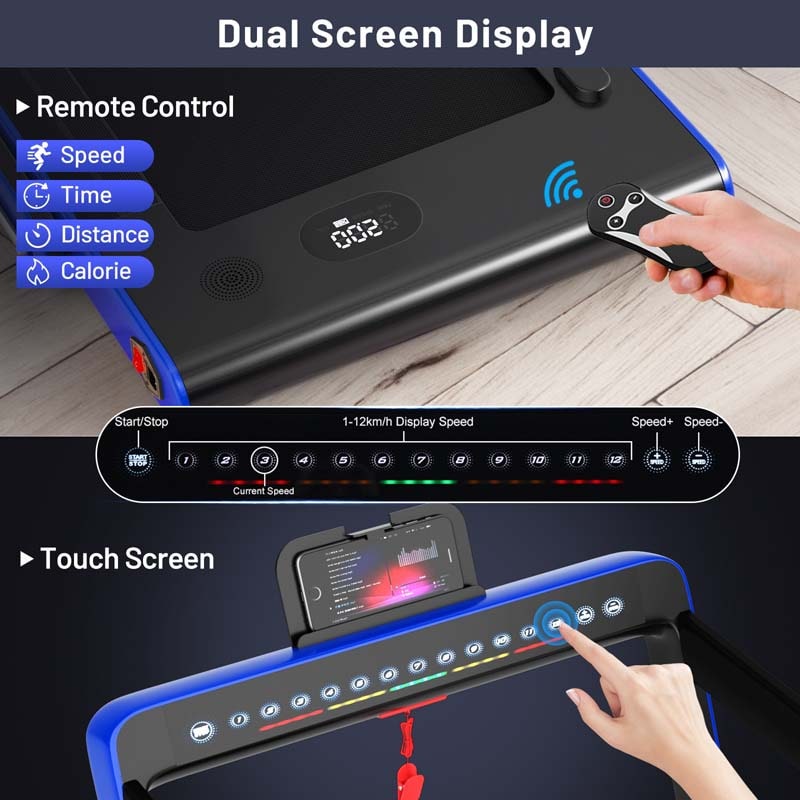 2-in-1 Folding Treadmill with Dual Display, 2.25HP Under Desk Treadmill Walking Pad, Bluetooth/Remote, Compact Jogging Machine for Home Office