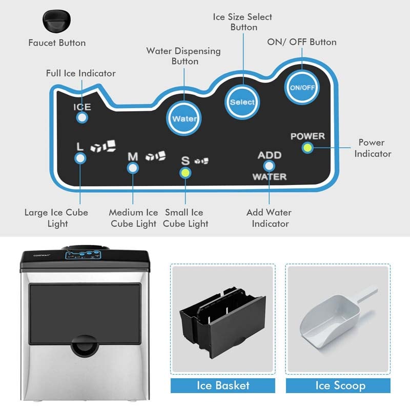 2-in-1 Countertop Ice Maker with Water Dispenser, 48LBS/24H Stainless Steel Ice Machine with 5LBS Ice Basket & 2-Way Water Inlet for Home Bar, Office