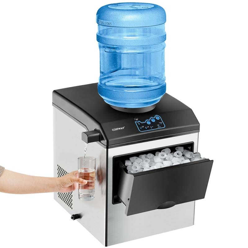 2-in-1 Countertop Ice Maker with Water Dispenser, 48LBS/24H Stainless Steel Ice Machine with 5LBS Ice Basket & 2-Way Water Inlet for Home Bar, Office