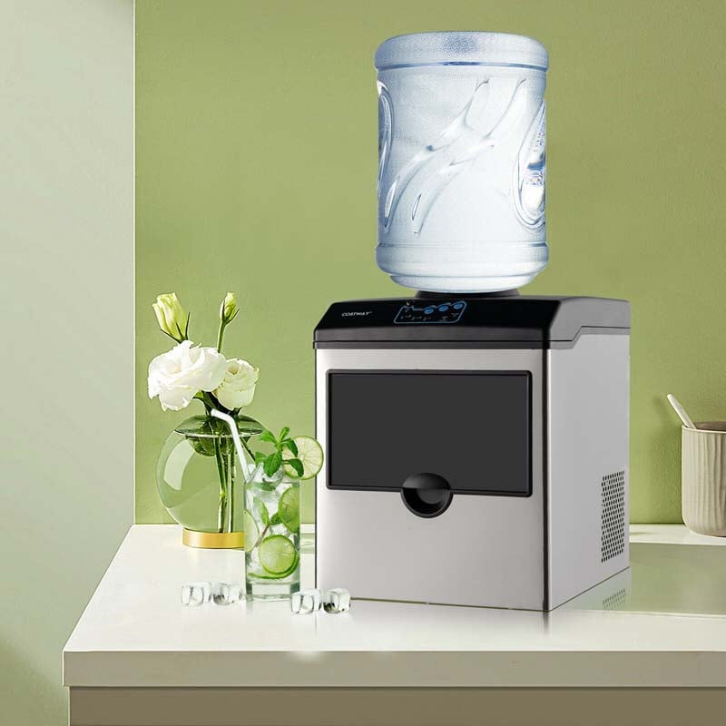 2-in-1 Countertop Ice Maker with Water Dispenser, 48LBS/24H Stainless Steel Ice Machine with 5LBS Ice Basket & 2-Way Water Inlet for Home Bar, Office