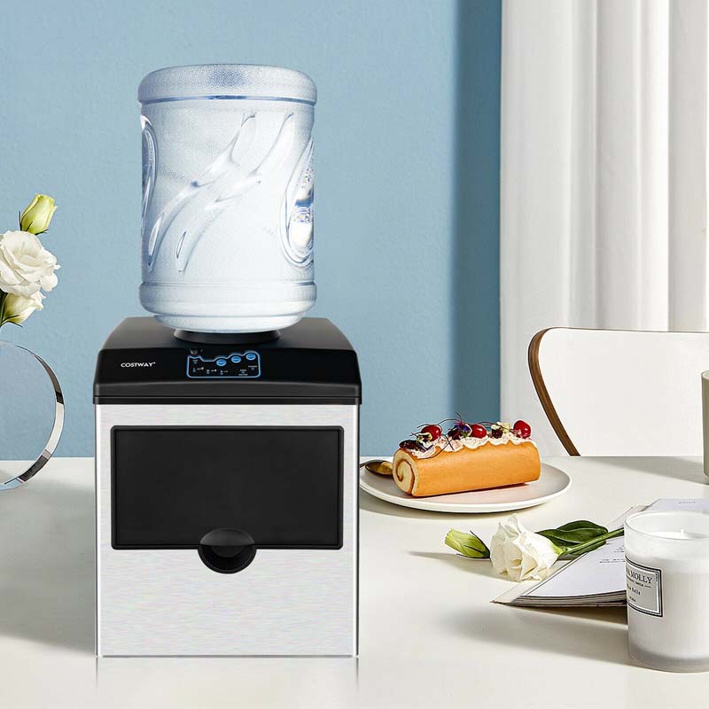 2-in-1 Countertop Ice Maker with Water Dispenser, 48LBS/24H Stainless Steel Ice Machine with 5LBS Ice Basket & 2-Way Water Inlet for Home Bar, Office