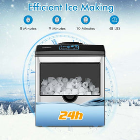 2-in-1 Countertop Ice Maker with Water Dispenser, 48LBS/24H Stainless Steel Ice Machine with 5LBS Ice Basket & 2-Way Water Inlet for Home Bar, Office