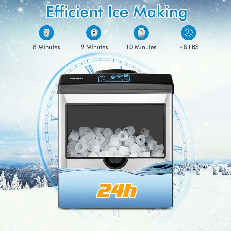 2-in-1 Countertop Ice Maker with Water Dispenser, 48LBS/24H Stainless Steel Ice Machine with 5LBS Ice Basket & 2-Way Water Inlet for Home Bar, Office
