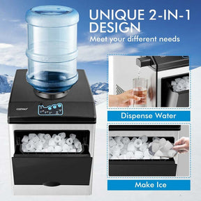 2-in-1 Countertop Ice Maker with Water Dispenser, 48LBS/24H Stainless Steel Ice Machine with 5LBS Ice Basket & 2-Way Water Inlet for Home Bar, Office