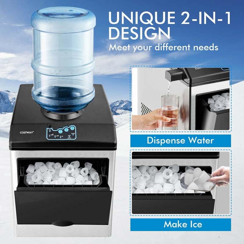 2-in-1 Countertop Ice Maker with Water Dispenser, 48LBS/24H Stainless Steel Ice Machine with 5LBS Ice Basket & 2-Way Water Inlet for Home Bar, Office