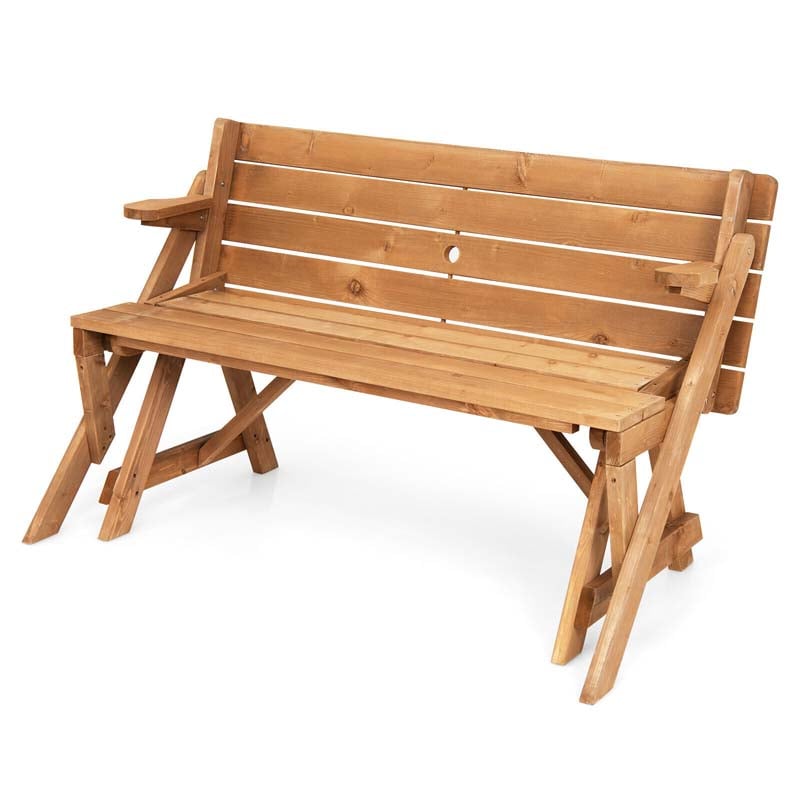 2-in-1 Convertible Wooden Picnic Table & Bench Set, Transforming Interchangeable Outdoor Picnic Table w/ Umbrella Hole, Collapsible for Backyard Patio