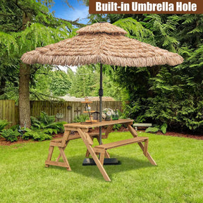 2-in-1 Convertible Wooden Picnic Table & Bench Set, Transforming Interchangeable Outdoor Picnic Table w/ Umbrella Hole, Collapsible for Backyard Patio