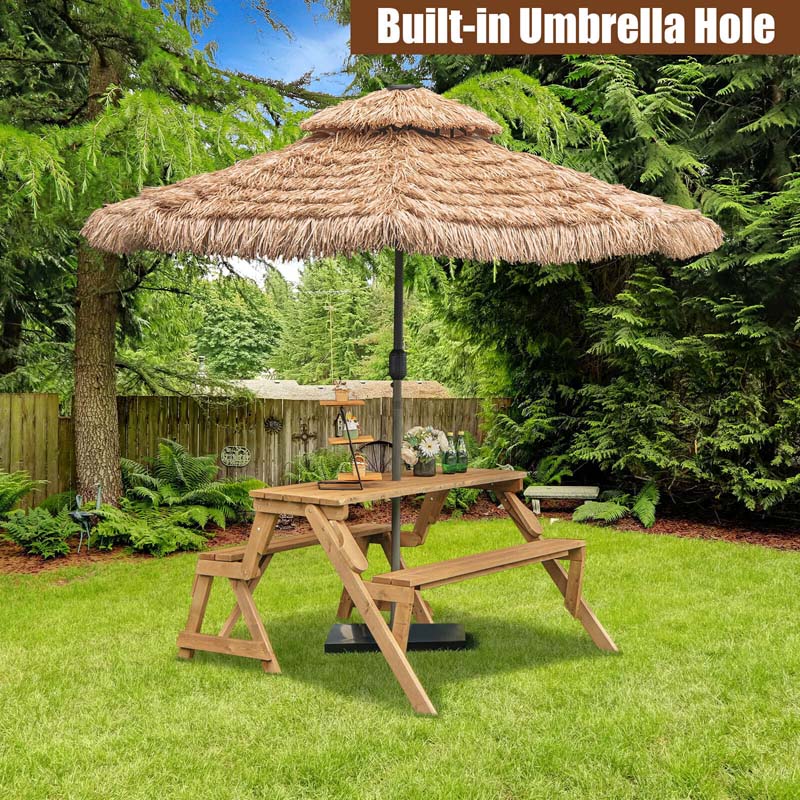 2-in-1 Convertible Wooden Picnic Table & Bench Set, Transforming Interchangeable Outdoor Picnic Table w/ Umbrella Hole, Collapsible for Backyard Patio