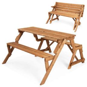 2-in-1 Convertible Wooden Picnic Table & Bench Set, Transforming Interchangeable Outdoor Picnic Table w/ Umbrella Hole, Collapsible for Backyard Patio