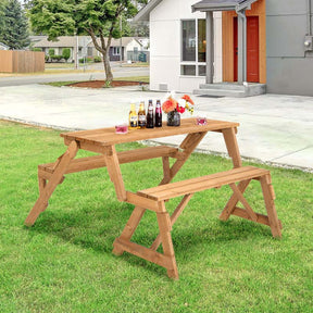 2-in-1 Convertible Wooden Picnic Table & Bench Set, Transforming Interchangeable Outdoor Picnic Table w/ Umbrella Hole, Collapsible for Backyard Patio