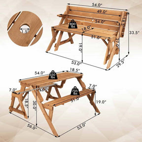 2-in-1 Convertible Wooden Picnic Table & Bench Set, Transforming Interchangeable Outdoor Picnic Table w/ Umbrella Hole, Collapsible for Backyard Patio