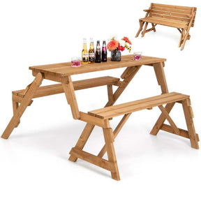 2-in-1 Convertible Wooden Picnic Table & Bench Set, Transforming Interchangeable Outdoor Picnic Table w/ Umbrella Hole, Collapsible for Backyard Patio