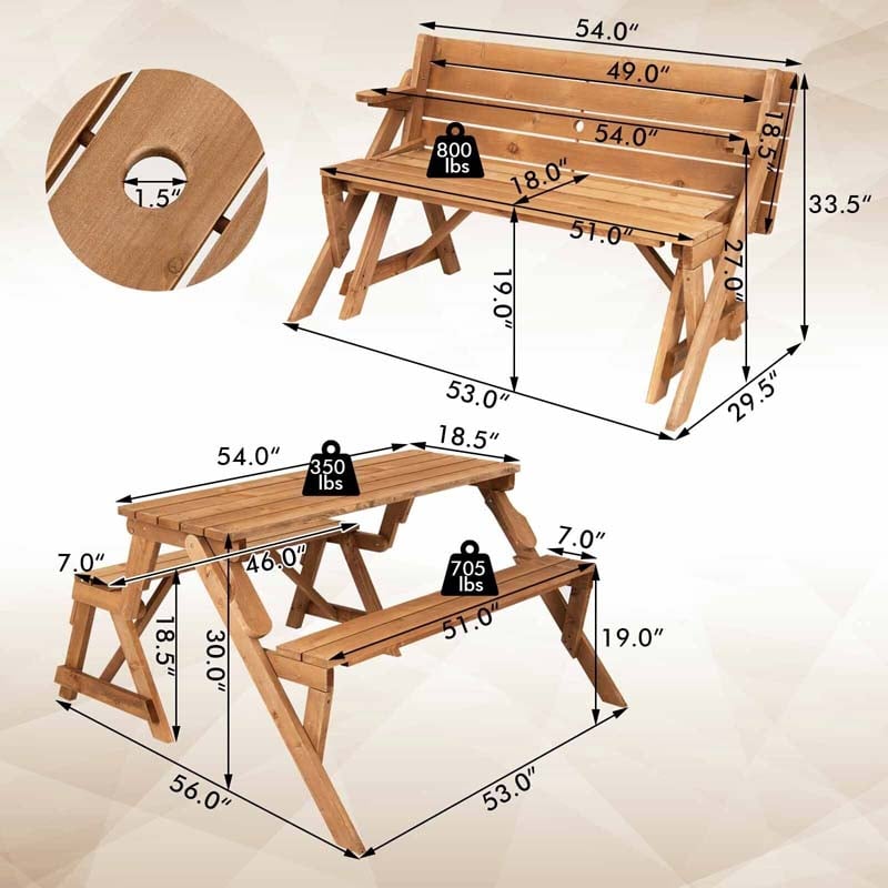 2-in-1 Convertible Wooden Picnic Table & Bench Set, Transforming Interchangeable Outdoor Picnic Table w/ Umbrella Hole, Collapsible for Backyard Patio