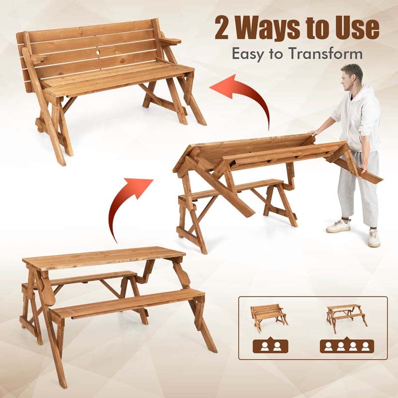 2-in-1 Convertible Wooden Picnic Table & Bench Set, Transforming Interchangeable Outdoor Picnic Table w/ Umbrella Hole, Collapsible for Backyard Patio