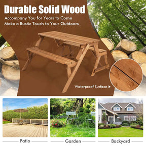 2-in-1 Convertible Wooden Picnic Table & Bench Set, Transforming Interchangeable Outdoor Picnic Table w/ Umbrella Hole, Collapsible for Backyard Patio